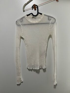 Zara Cream Sheer Ribbed Long Sleeve Top